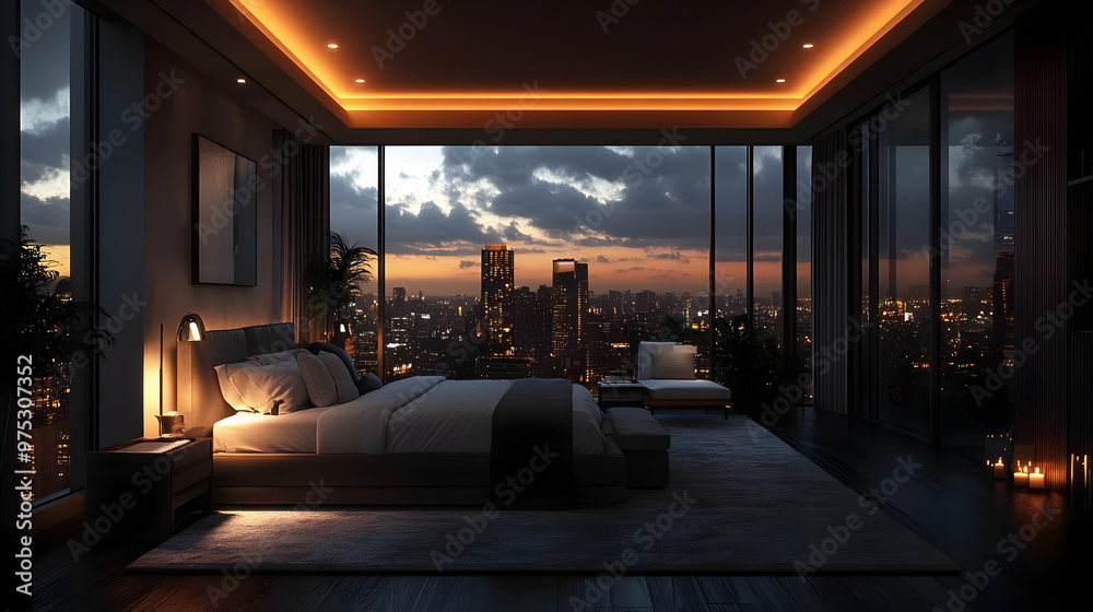Modern bedroom with large windows overlooking a city skyline at sunset.