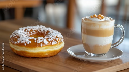 Doughnut and coffee latte on the table. photo