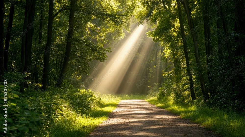 Obraz premium A serene forest pathway illuminated by sunlight, showcasing vibrant greenery and tranquil nature.