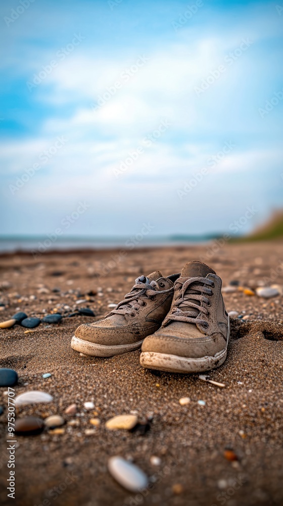 A pair of worn sneakers resting on a sandy beach, surrounded by pebbles, capturing a serene coastal vibe. A pair of worn sneakers resting on a sandy beach, surrounded by pebbles, capturing a serene coastal vibe.