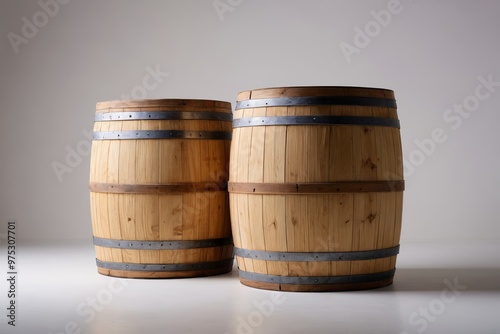 two wooden barrels sitting side by side                               photo