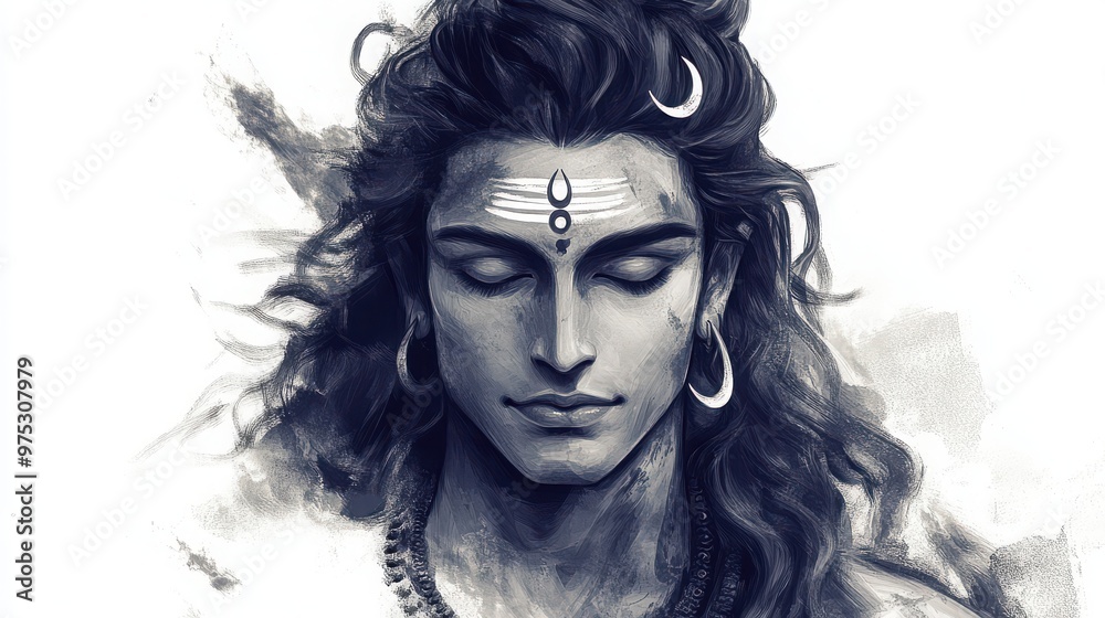 Characters detailed facial depiction of Lord Shiva, with a calm expression, third eye in the center of his forehead, and crescent moon in his hair, white background Characters detailed facial depiction of Lord Shiva, with a calm expression, third eye in the center of his forehead, and crescent moon in his hair, white background