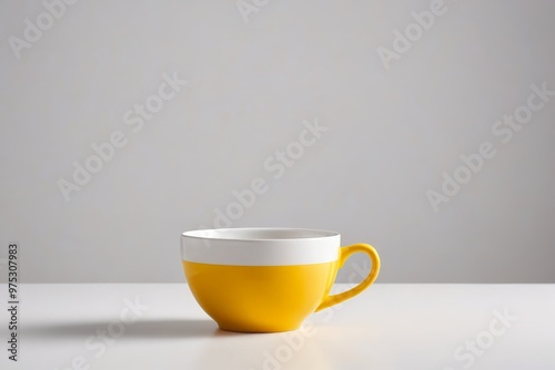 a yellow cup on a white table 