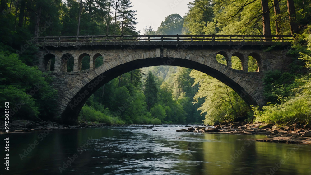 Traditional arch bridge spanning over a calm river in a forest Traditional arch bridge spanning over a calm river in a forest