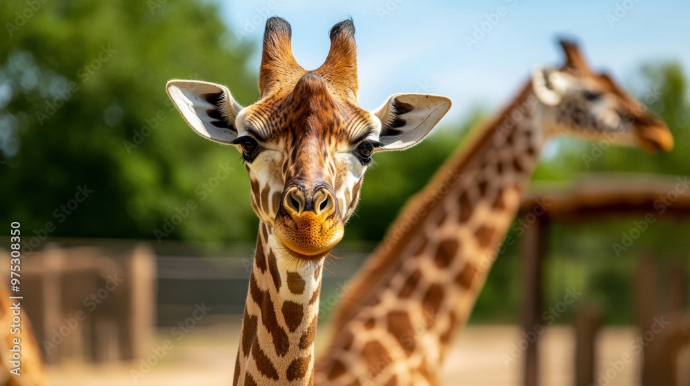 Fototapeta premium A close-up of a curious giraffe looking directly at the camera, surrounded by lush greenery in a natural habitat.