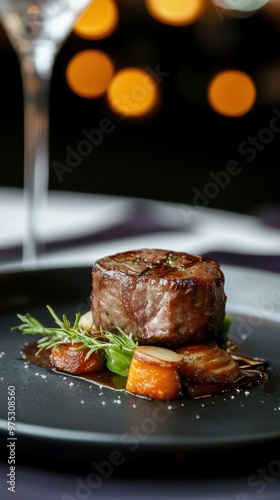 A beautifully plated gourmet steak served with vegetables, perfect for fine dining or culinary inspiration.