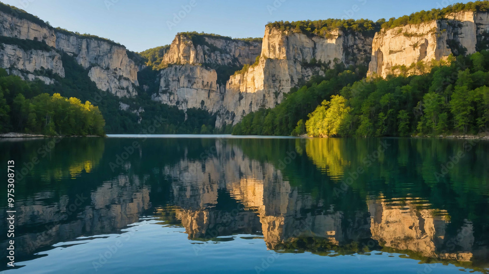 Fototapeta premium Tranquil lake reflecting towering limestone cliffs and clear skies