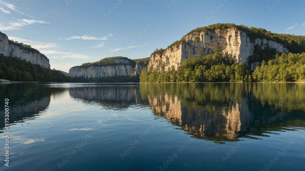 Fototapeta premium Tranquil lake reflecting towering limestone cliffs and clear skies