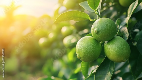 The key lime or acid lime is growing on tree in the agricultural field in the garden.