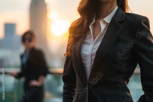 Woman in a business suit stands confidently with a colleague against a city skyline during soft daylight hours