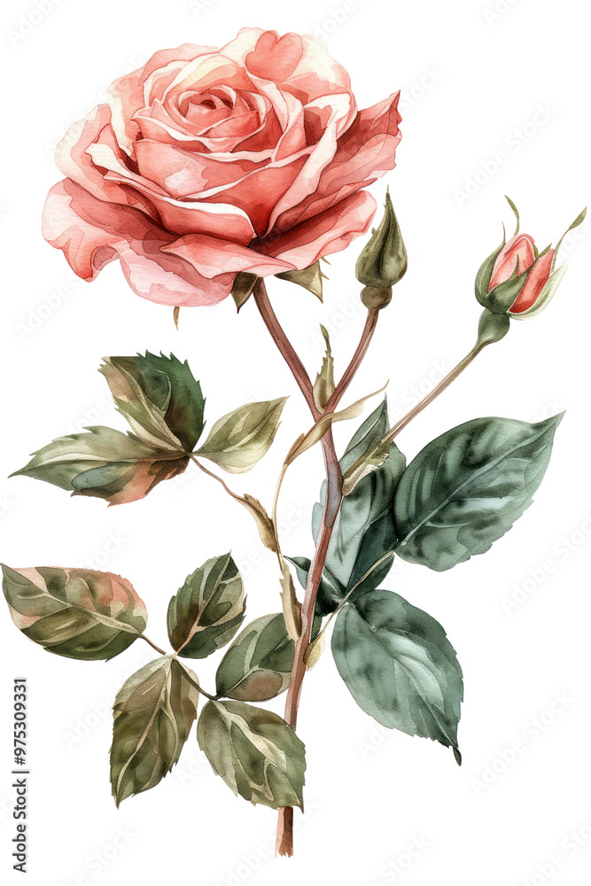 Obraz premium A beautiful pink rose with delicate petals and vibrant green leaves, perfect for floral designs and romantic themes cut out isolated transparent PNG