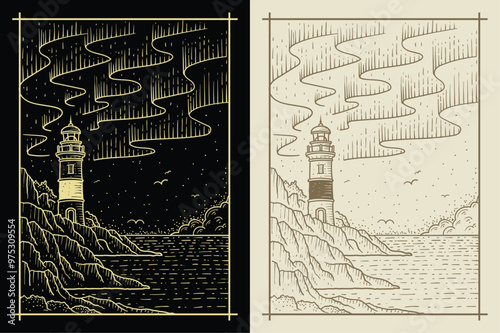 Lighthouse and beach landscape  , illustration with esoteric, spiritual, geometric, astrology, magic themes