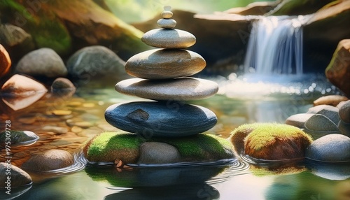 A balanced stack of stones on a mossy rock in front of a serene waterfall, surrounded by lush greenery, creating a tranquil nature scene.