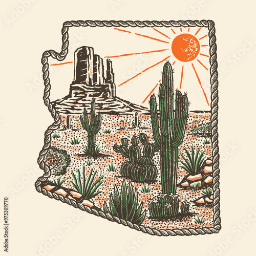 Arizona illustration cactus graphic desert design nature badge rope vintage western