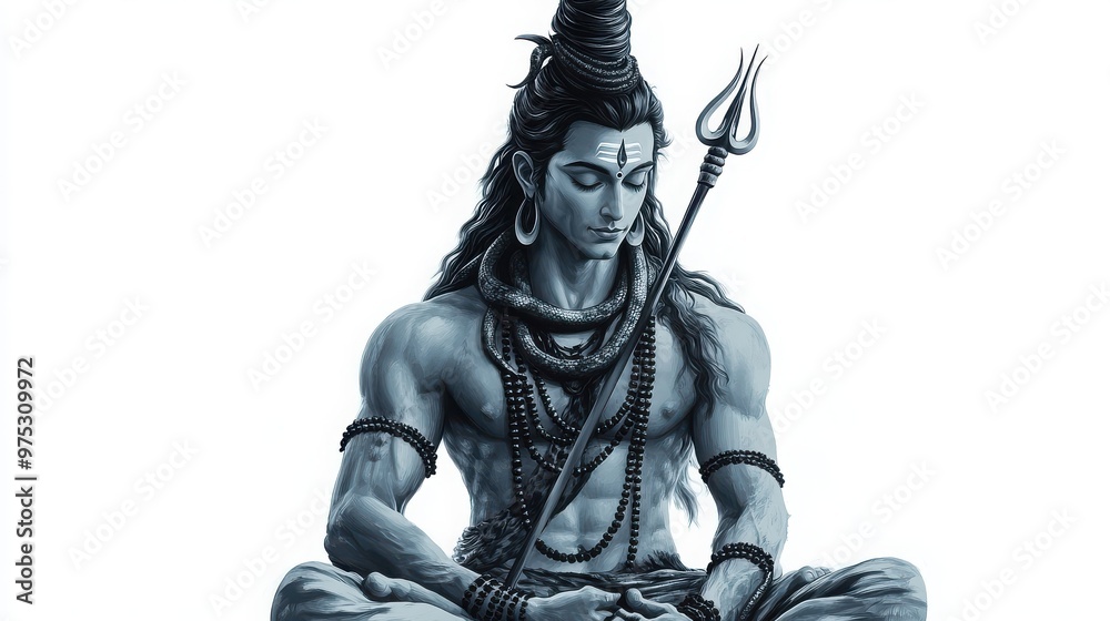 Fototapeta premium Characters of Lord Shiva, with a serene expression, holding a trident and a snake coiled around his neck, meditating in divine calm, white background 