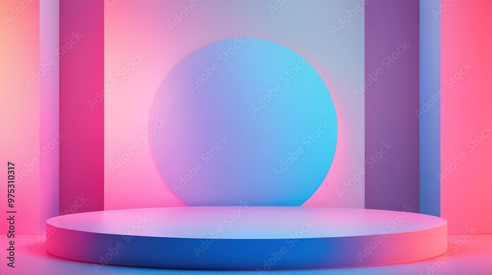 Abstract background with a round platform, pink and blue neon lights, and colorful gradient. Abstract background with a round platform, pink and blue neon lights, and colorful gradient.