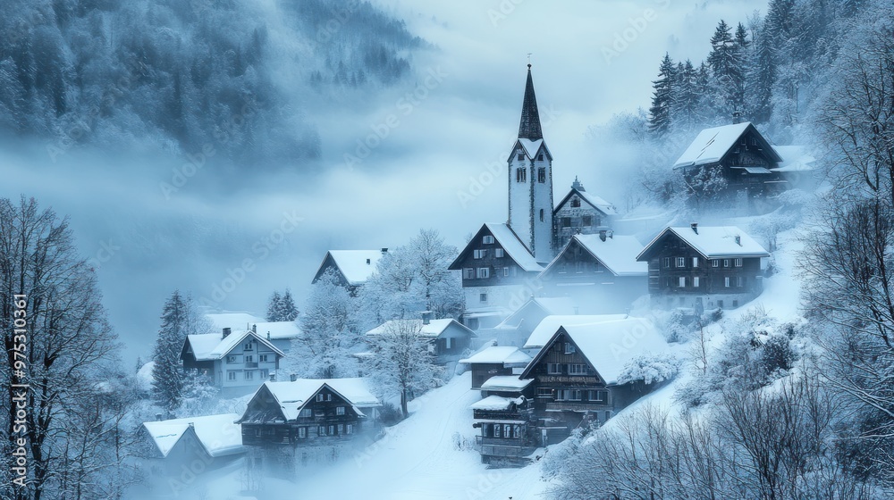 A foggy winter scene of a snow covered village with a church steeple. A foggy winter scene of a snow covered village with a church steeple.