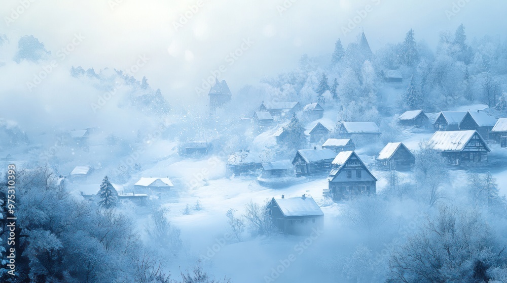 Fototapeta premium A snowy winter wonderland with a village nestled in the fog. The sun shines through the mist, illuminating the snow-covered rooftops and trees.