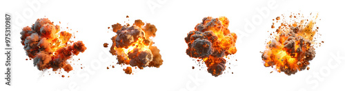 Pack of Fiery explosion with smoke and debris isolated on transparent background