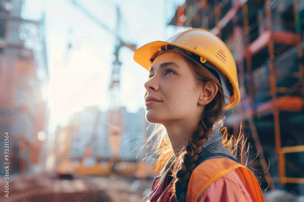 A woman in construction gear gazes upward at a bright construction site during the day with materials and equipment visible in the background