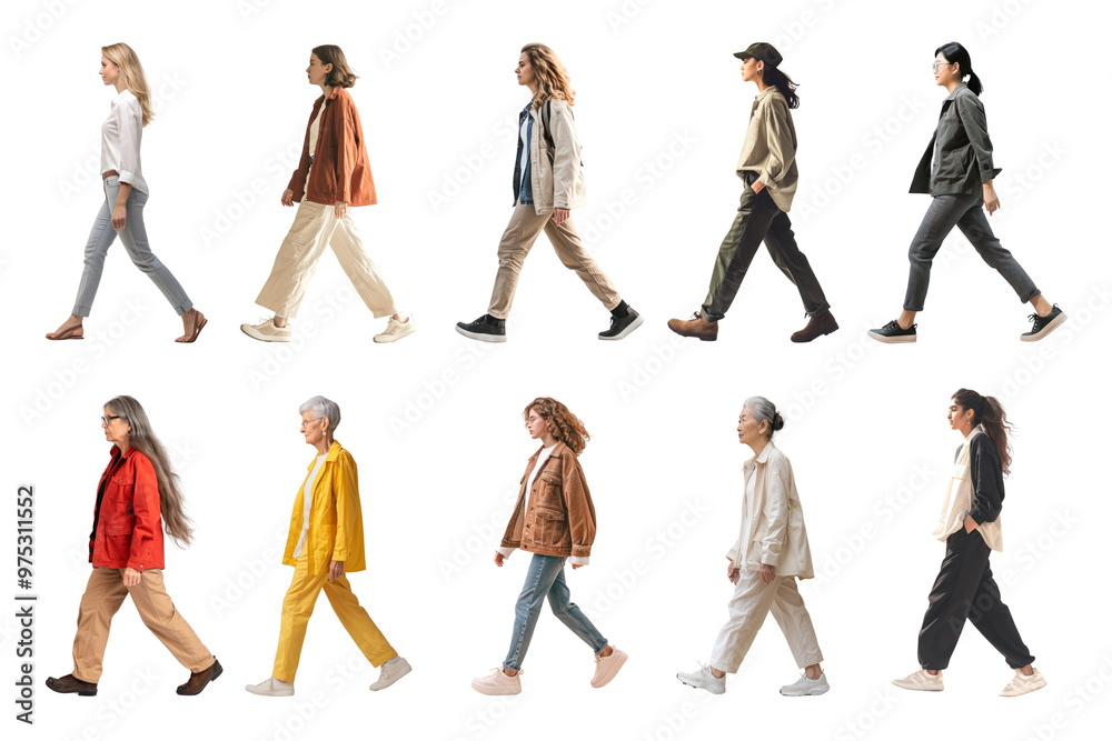 PNG walking diverse women full body element set, transparent background PNG walking diverse women full body element set, transparent background