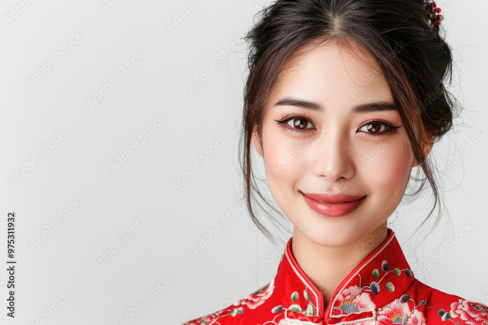 A young woman wearing a Chinese qipao with her thumb raised A young woman wearing a Chinese qipao with her thumb raised