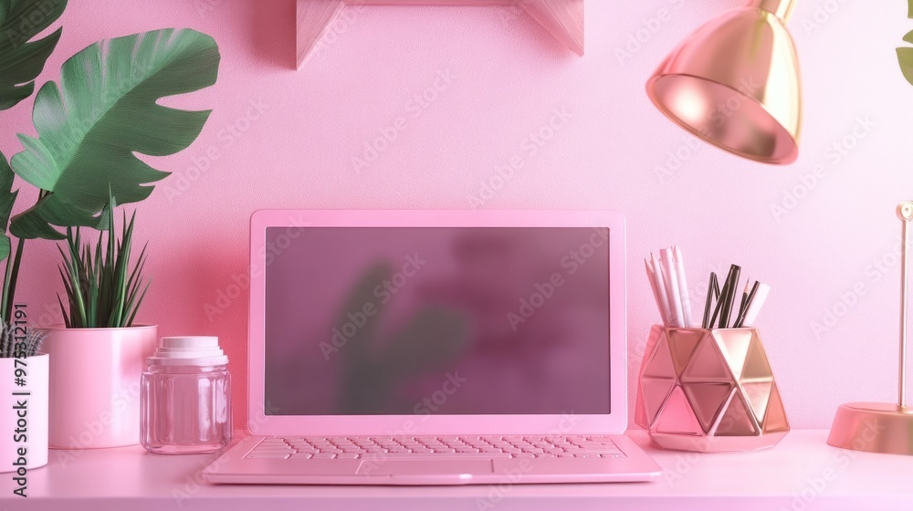 Minimalist Pink Workspace with Geometric Pyramid Centerpiece | Stylish Office Decor Minimalist Pink Workspace with Geometric Pyramid Centerpiece | Stylish Office Decor