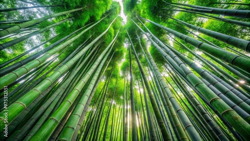 Towering giant bamboo stalks sway gently in the breeze, casting dappled shadows on the forest floor and creating