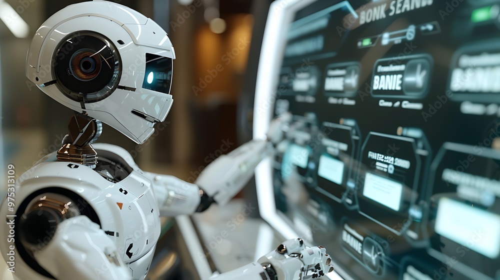 Futuristic Robot Interacting with Digital Interface Futuristic Robot Interacting with Digital Interface
