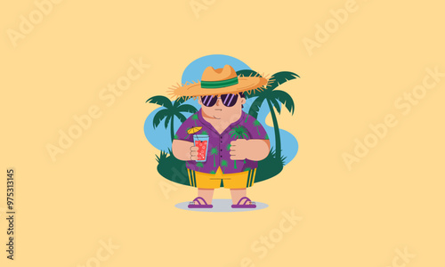 Smiling man on vacation holding a drink under palm trees.