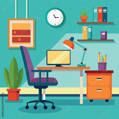 A desk with a chair for office environment Millennials at work. Flat editable vector illustration, clip art