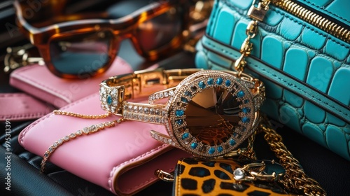 Closeup of a luxury jeweled bracelet with blue gemstones and diamonds, a turquoise crocodile-embossed purse, a pink leather wallet, and gold chain on a black leather background.