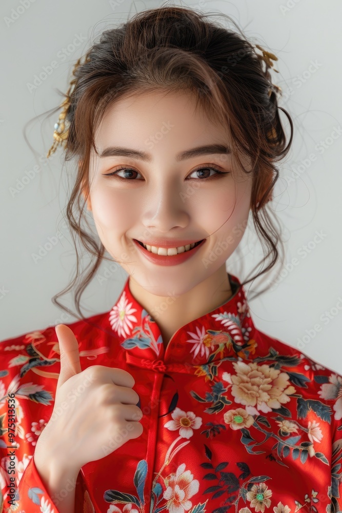 A young woman wearing a Chinese qipao with her thumb raised