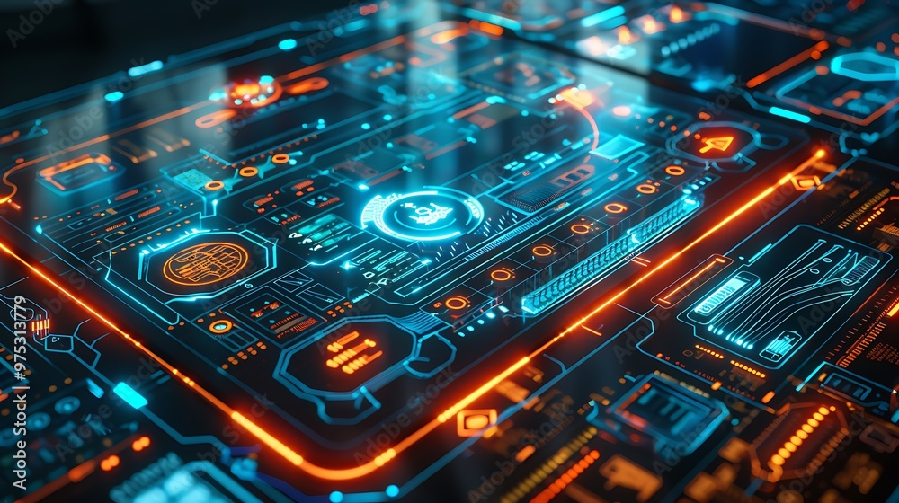 Fototapeta premium Futuristic Digital Interface with Glowing Blue and Orange Lines