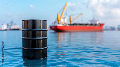 Oil barrel floating in the ocean with cargo ship in the background, symbolizing the global oil industry. photo