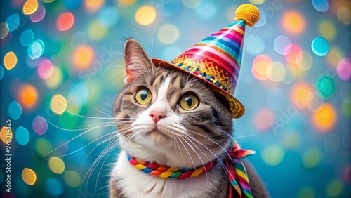 With a twinkle in its eye, the festive feline donned a radiant hat, its bright colors and whimsical photo