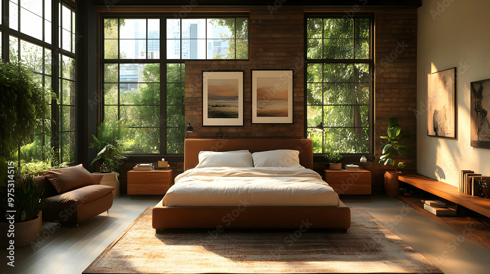 Modern bedroom with large windows, exposed brick wall, and leather bed frame. Modern bedroom with large windows, exposed brick wall, and leather bed frame.