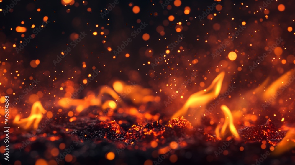 Fire embers particles over black background. Fire sparks background.Realistic burning hot sparks rising up from the fire in the dark night sky. Fire embers particles over black background. Fire sparks background.Realistic burning hot sparks rising up from the fire in the dark night sky.
