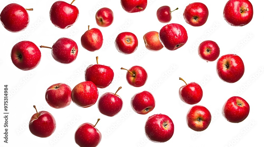 Falling red apples captured in mid-air isolated on a white background Falling red apples captured in mid-air isolated on a white background