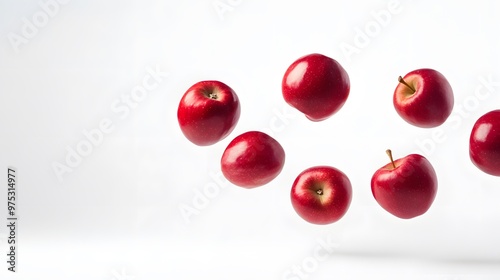 Falling red apples captured in mid-air isolated on a white background