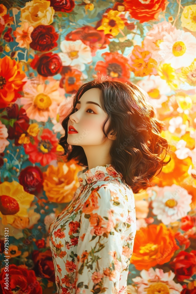 Vibrant Woman in Blooming Flower Farm - Hyper Realistic Art