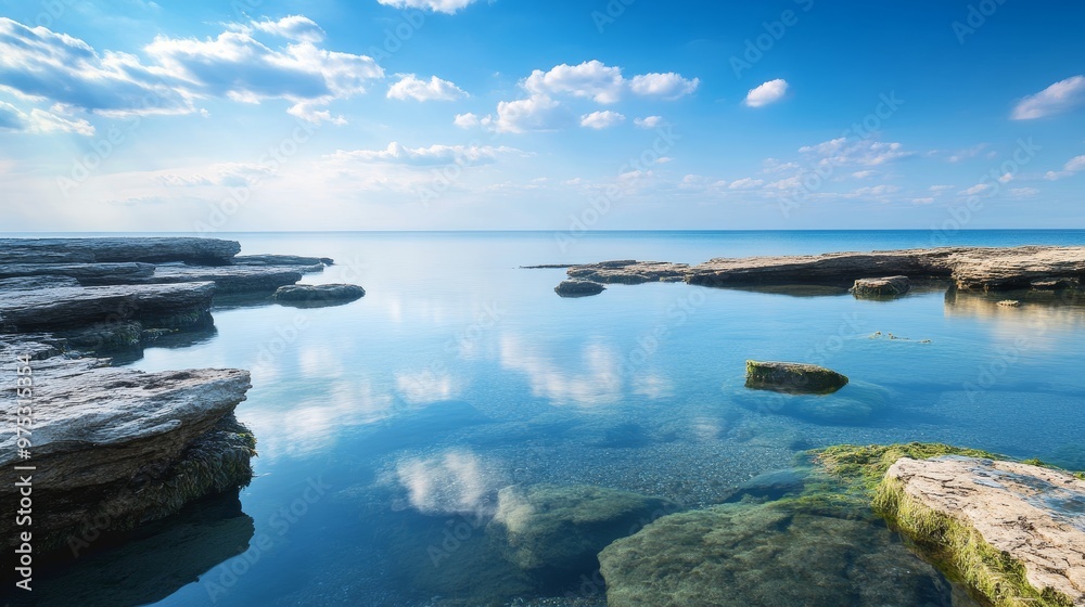 A tranquil coastal scene with shallow clear waters gently flowing over flat rock formations. a calm blue sea meeting a clear sky dotted with soft clouds A tranquil coastal scene with shallow clear waters gently flowing over flat rock formations. a calm blue sea meeting a clear sky dotted with soft clouds