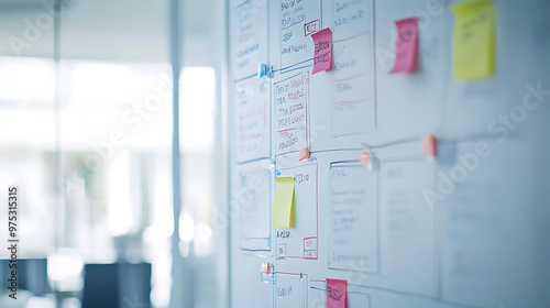 A team of marketing professionals in a bright office environment mapping out a customer journey on a whiteboard filled with colorful diagrams and sticky notes, showcasing the planning and strategy 