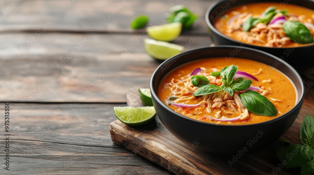 Closeup of Creamy Thai Curry with Chicken Basil and Lime on Rustic Wooden Background Closeup of Creamy Thai Curry with Chicken Basil and Lime on Rustic Wooden Background
