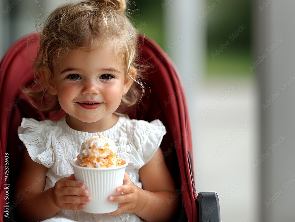 A Toddlers Delight Closeup of a girl in a white dress holding a cup of ice cream her face smeared with sweetness A Toddlers Delight Closeup of a girl in a white dress holding a cup of ice cream her face smeared with sweetness