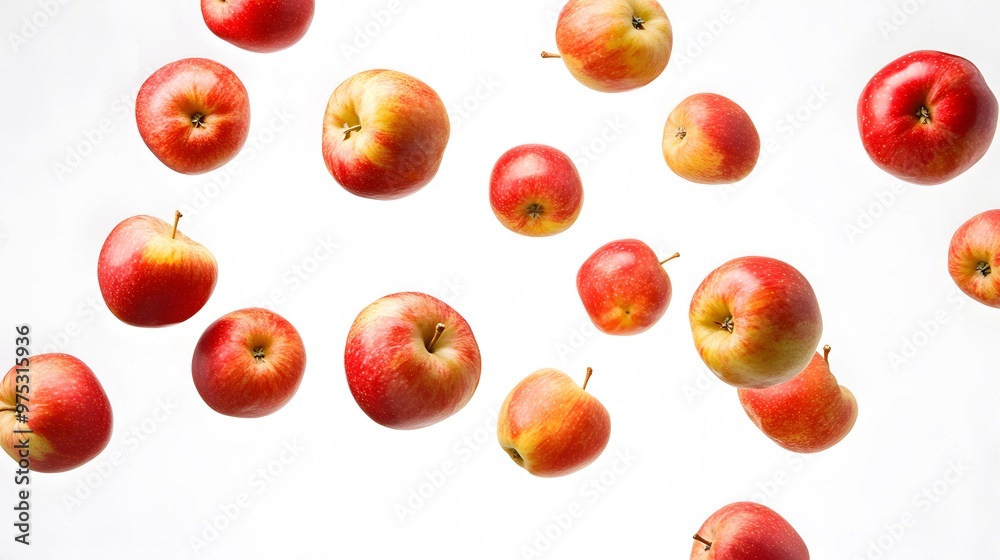Cluster of apples captured in freefall against a stark white background Cluster of apples captured in freefall against a stark white background