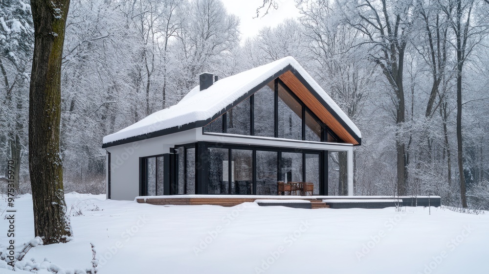 Modern cabin with snow-covered roof, large windows, and wood accents set against a snowy forest. Modern cabin with snow-covered roof, large windows, and wood accents set against a snowy forest.