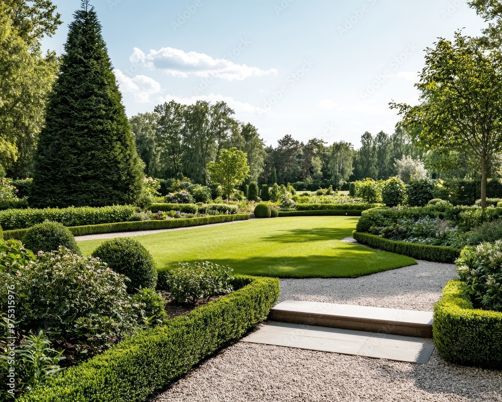 Low Angle View of Stone Steps Leading Through a Lush Perfectly Trimmed Garden with a Tall Conifer in the Foreground Low Angle View of Stone Steps Leading Through a Lush Perfectly Trimmed Garden with a Tall Conifer in the Foreground