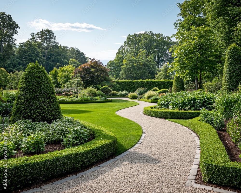 A Winding Gravel Path Through a Lush Formal Garden LowAngle Perspective Symmetrical Composition with a Focus on Texture and Detail A Winding Gravel Path Through a Lush Formal Garden LowAngle Perspective Symmetrical Composition with a Focus on Texture and Detail