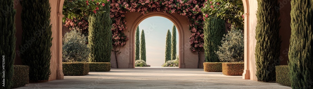 Fototapeta premium Through the Pink Blossoms A Glimpse of Tranquility in a Sunlit Garden